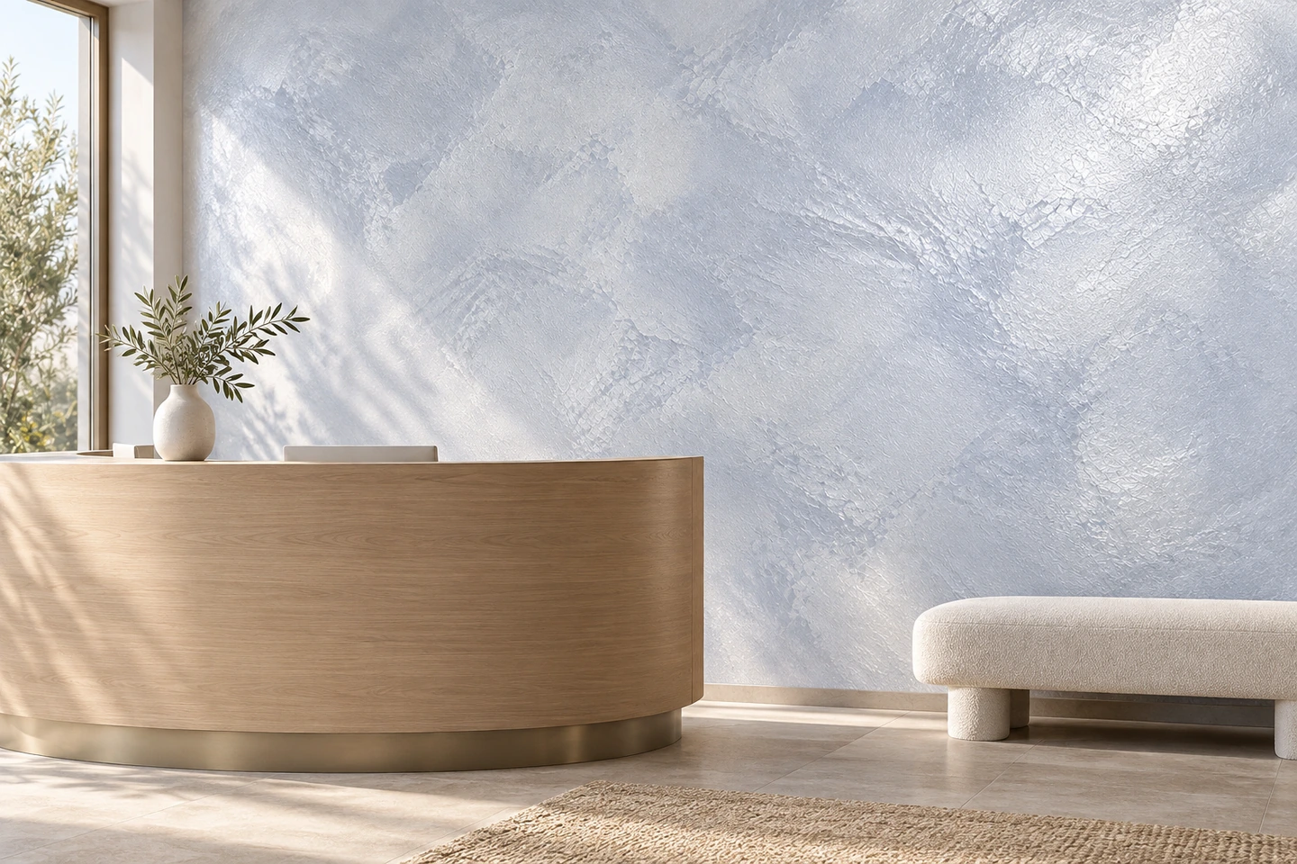 Espace bien-être avec finition décorative LITORRA, lumière douce et matière mate